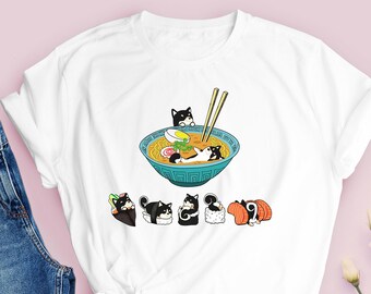 Black Shiba Inu Shirt, UNISEX SOFT T-Shirt 100% COTTON. Funny Sushi and Ramen Chubby Style Illustrations of Shiba Inu Dog