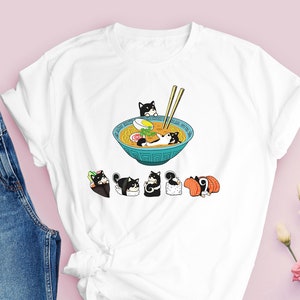 Black Shiba Inu Shirt, UNISEX SOFT T-Shirt 100% COTTON. Funny Sushi and Ramen Chubby Style Illustrations of Shiba Inu Dog