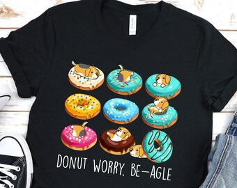 BEAGLE SHIRT, 100% COTTON. Unisex Chubby Style Art of Beagle Dog with Donuts, Kawaii Art.
