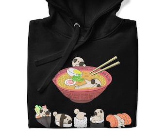 PUG HOODIE, 80% Cotton, UNISEX. Sushi and Ramen Chubby Kawaii Style of Pug Dog on Hooded Sweatshirt. Original Design by Bark&Run!