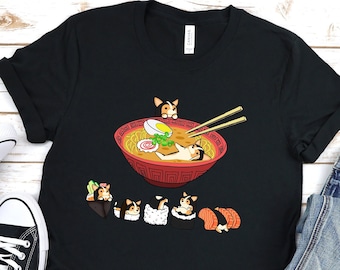 Tricolor Corgi Shirt, UNISEX 100% COTTON. Funny Sushi and Ramen Chubby Style Art of Tricolor Welsh Corgi Dog, Kawaii Art by Bark&Run!
