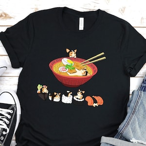 Tricolor Corgi Shirt, UNISEX 100% COTTON. Funny Sushi and Ramen Chubby Style Art of Tricolor Welsh Corgi Dog, Kawaii Art by Bark&Run!