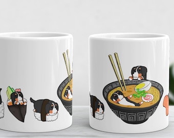 BERNESE MUG: Chubby Bernese Mountain Dog Sushi Art on White Glossy Ceramic Coffee Mug. Kawaii Art By Bark&Run!