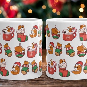 BULLDOG CHRISTMAS MUG: Chubby English Bulldog Christmas Art on White Glossy Ceramic Mug, Kawaii Design by Bark&Run!