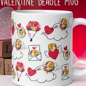 BEAGLE VALENTINE MUG: Chubby Beagle Art for valentine&#39;s day on White Glossy Ceramic Mug, Kawaii Art By Bark&Run!