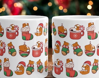 BULLDOG CHRISTMAS MUG: Chubby English Bulldog Christmas Art on White Glossy Ceramic Mug, Kawaii Design by Bark&Run!