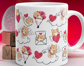 SHIBA INU VALENTINE Mug: Chubby Shiba Inu or Akita Inu Art for valentine's day on White Glossy Ceramic Mug, Kawaii Art By Bark&Run!