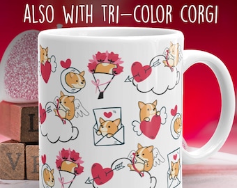 CORGI VALENTINE MUG: Chubby Pembroke Welsh Corgi Art for valentine's day on White Glossy Ceramic Mug, Kawaii Art By Bark&Run!