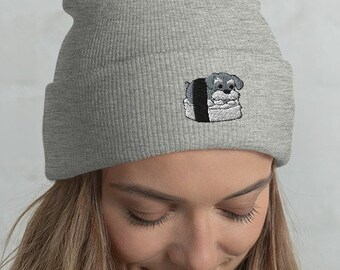SCHNAUZER BEANIE Hat, Winter Hat, Sushi Kawaii Schnauzer. Embroidered Hat. Original Art by Bark&Run!