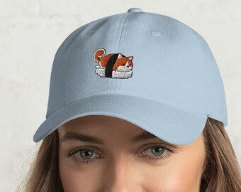 SHIBA INU HAT, 100% chino cotton twill, Embroidary Design of Cute Chubby Sushi Shiba Inu Dog on Dad Styled Hat, Unisex. Original Kawaii Art