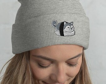 SIBERIAN HUSKY BEANIE Hat, Winter Hat, Sushi Kawaii Siberian Husky. Embroidered Hat. Original Art by Bark&Run!
