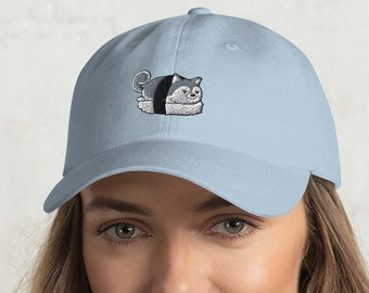 HUSKY HAT, 100% chino cotton twill, Embroidary Design of Cute Chubby Sushi Siberian Husky Dog on Dad Styled Hat, Unisex. Original Kawaii Art