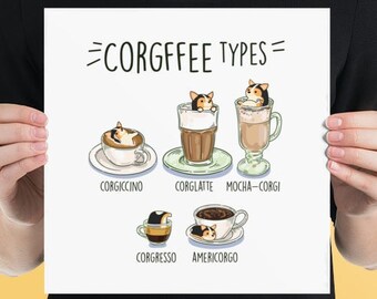 TRI-COLOR CORGI poster: Chubby Pembroke Tri-color Corgi Coffee Art on Museum-quality Posters, Kawaii Art by Bark&Run!