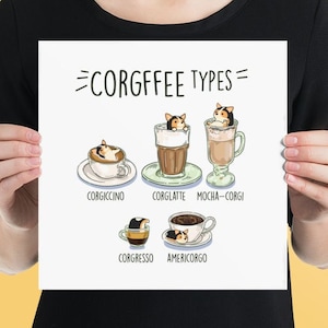 Puede incluir: Una impresión de 25,4 x 25,4 cm con una ilustración humorística de diferentes tipos de café, cada uno con un perro corgi dentro. Los tipos de café están etiquetados como "Corgiccino", "Corglatte", "Mocha-Corgi", "Corgresso" y "Americorgi".