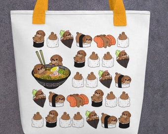 POODLE TOTE BAG: Cool design of Chubby Poodle Caniche and Sushi Original Art By Bark&Run