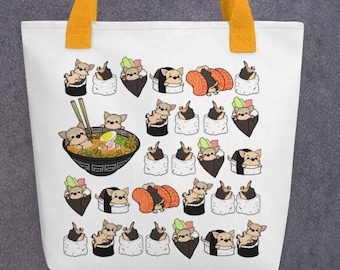 Yorkshire Terrier Tote bag: Cool design of Chubby Yorkshire Terrier and Sushi Original Art By Bark&Run