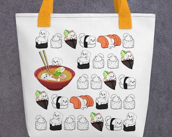 MALTESE TOTE BAG: Cool design of Chubby maltese and Sushi Original Art By Bark&Run