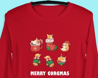 corgis CHRISTMAS SHIRT, 100% Baumwolle. Unisex Langarm Tee Weihnachtskunst von Pembroke walisischen Corgis, Kawaii Kunst. Bella + Canvas Tshirt.