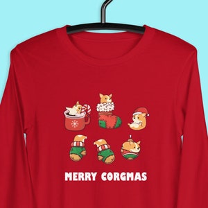 CORGI CHRISTMAS SHIRT, 100% cotton. Unisex Long Sleeve Tee Christmas Art of Pembroke Welsh Corgi, Kawaii Art. Bella+Canvas Tshirt.