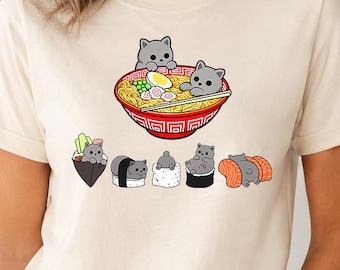 British Shorthair Cat Sushi Shirt, 100% Cotton, Kawaii Ramen Cat T-Shirt, Cute Japanese Food Tee, Cat Lover Gift, Bella Canvas 3001
