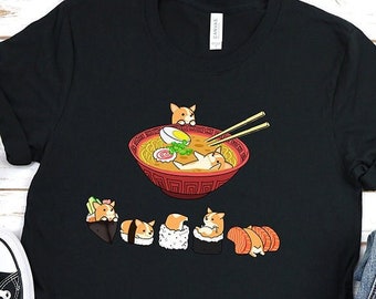 Corgi Shirt, UNISEX 100% COTTON. Funny Sushi and Ramen Chubby Style Art of Pembroke Welsh Corgi Dog, Kawaii Art.