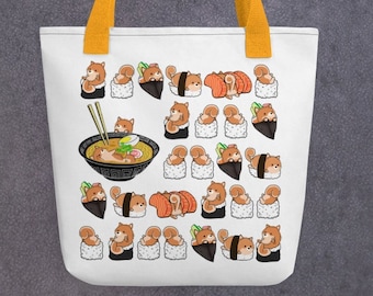 POMERANIAN TOTE BAG: Cool design of Chubby Pomeranian and Sushi Original Art By Bark&Run