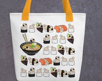 PUG TOTE BAG: Cool ontwerp van Chubby Pug en Sushi Original Art By Bark&Run