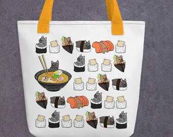 FRENCHIE TOTE BAG: Cool design of Chubby French Bulldog and Sushi Original Art By Bark&Run