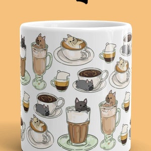 FRENCHIE COFFEE MUG: Chubby French Bulldog Coffee Pattern Art on White Glossy Ceramic Mug, Kawaii Art By Bark&Run!