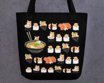 CORGI TOTE BAG: Cool design of Chubby Pembroke Welsh Corgi and Sushi Original Art By Bark&Run