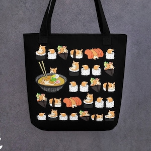 CORGI TOTE BAG: Cool design of Chubby Pembroke Welsh Corgi and Sushi Original Art By Bark&Run