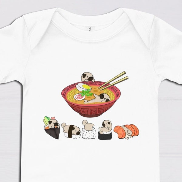 PUG ONESIE, 100% Cotton, Bella+Canvas, Cute Baby Bodysuit With Sushi Pug Dog Kawaii Art
