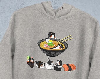 BERNESE HOODIE, UNISEX Hoodie. Sushi and Ramen Kawaii Style of Bernese Mountain Dog.