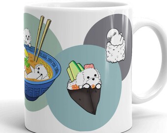 Maltese Mug: Funny Chubby Maltese Sushi Art on White Glossy Ceramic Mug. Kawaii Art By Bark&Run!