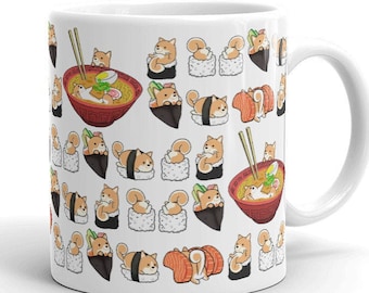 May include: White ceramic mug featuring a pattern of Shiba Inu dogs enjoying sushi and ramen. The dogs are depicted in a variety of poses, including sitting, standing, and eating. The mug has a white handle.