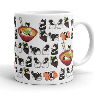 BLACK SHIBA MUG: Chubby Black Shiba Inu Sushi Pattern on Premium Ceramic Mug, Original Kawaii Design by Bark&Run!