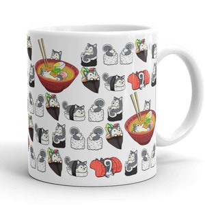 HUSKY MUG: Chubby Siberian Husky SUSHI Art on Premium Ceramic Mug, Kawaii Art By Bark&Run