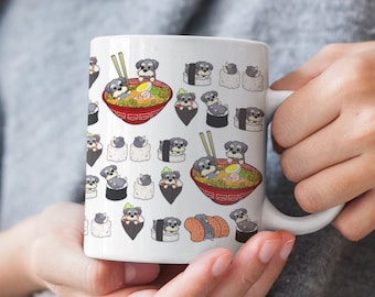 SCHNAUZER MUG: Funny Chubby Schnauzer Sushi Art on White Glossy Ceramic Mug. Kawaii Art By Bark&Run!