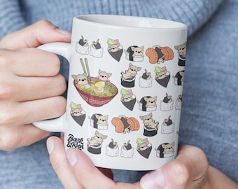 YORKSHIRE TERRIER MUG: Funny Chubby Yorkie Sushi Art on White Glossy Ceramic Mug. Kawaii Art By Bark&Run!