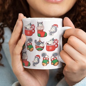 HUSKY CHRISTMAS MUG: Chubby Husky Dog Christmas Art on White Glossy Ceramic Mug, Kawaii Design by Bark&Run!