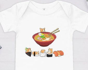 CORGI ONESIE, 100% Cotton, Bella+Canvas, Cute Baby Bodysuit With Sushi Pembroke Welsh Corgi Dog Kawaii Art