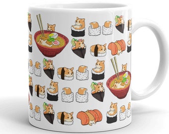 May include: White ceramic mug with a pattern of cartoon corgis eating sushi and ramen. The corgis are in various poses, including sitting, standing, and lying down. The sushi is a variety of colors and shapes, including nigiri, maki, and sashimi. The ramen is in a red bowl with chopsticks.