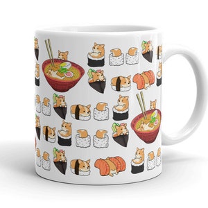 May include: White ceramic mug with a pattern of cartoon corgis eating sushi and ramen. The corgis are in various poses, including sitting, standing, and lying down. The sushi is a variety of colors and shapes, including nigiri, maki, and sashimi. The ramen is in a red bowl with chopsticks.
