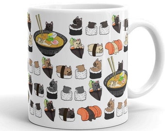 FRENCHIE MUG: Funny Chubby French Bulldog Sushi Art on White Glossy Ceramic Coffee Mug. Kawaii Art By Bark&Run!