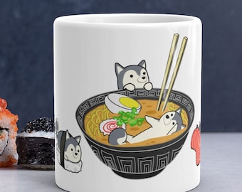HUSKY COFFEE MUG: Chubby Siberian Husky Sushi Art on Premium Ceramic Mug, Kawaii Art By Bark&Run