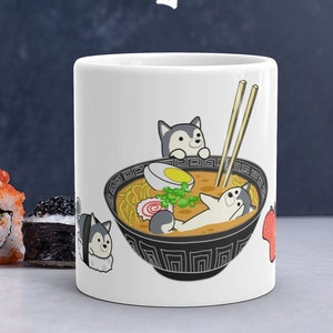 HUSKY COFFEE MUG: Chubby Siberian Husky Sushi Art en taza de cerámica premium, Kawaii Art By Bark&Run