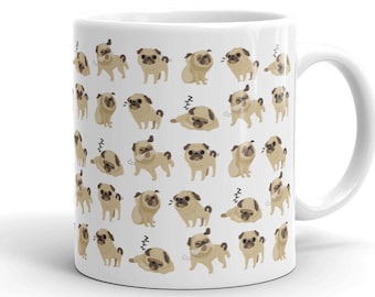 Pug Mug: Funny Pug on White Glossy Ceramic Mug. Art By Bark&Run!