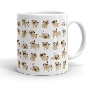 Pug Mug: Funny Pug on White Glossy Ceramic Mug. Art By Bark&Run!