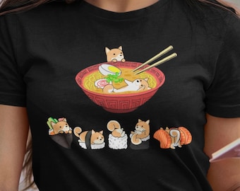 Shiba Inu / Akita Inu Shirt, UNISEX SOFT T-Shirt 100% COTTON. Funny Sushi and Ramen Chubby Style Illustrations of Shiba/Akita Inu Dog