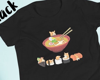 CORGI KIDS T-Shirt, 100% COTTON. Unisex Youth Short Sleeve Sushi and Ramen Chubby Style Art of Welsh Corgi, Kawaii Art By Bark&Run!